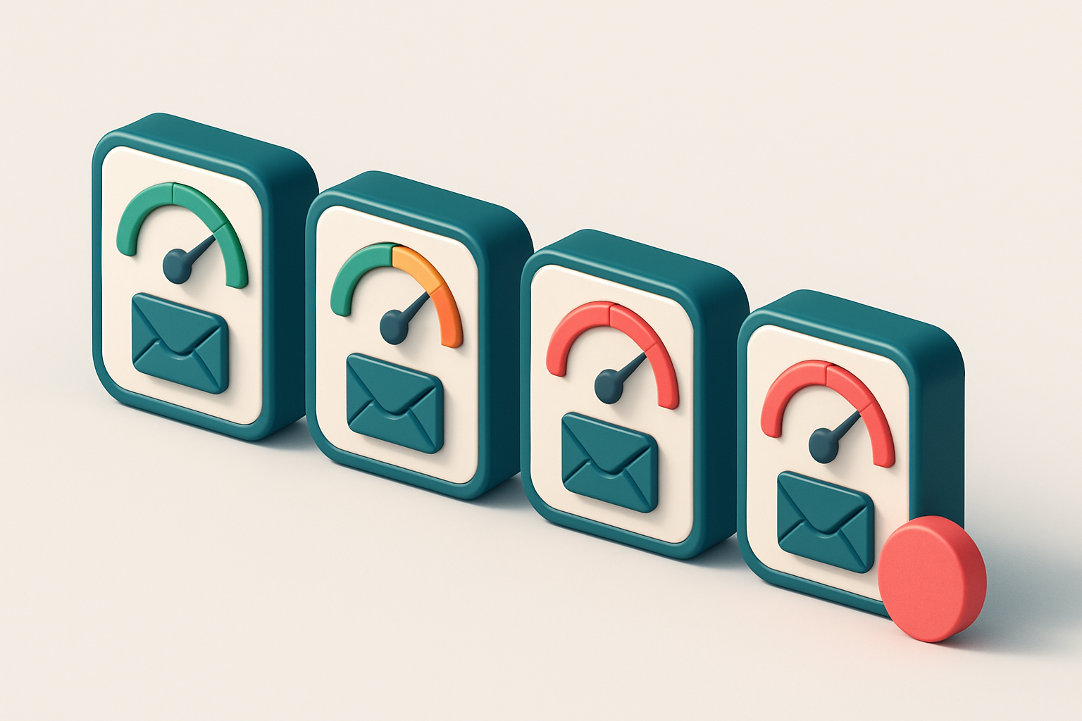 a row of four gauges showing email validation status (green, yellow, red, red)