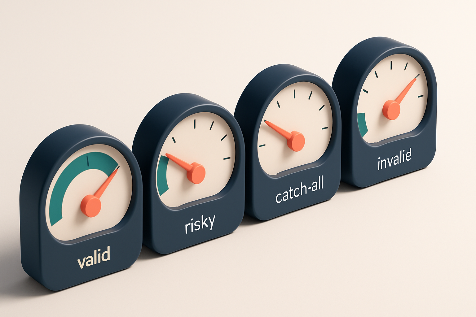 a row of four gauges labeled 'valid', 'risky', 'catch-all', 'invalid' with different needle positions