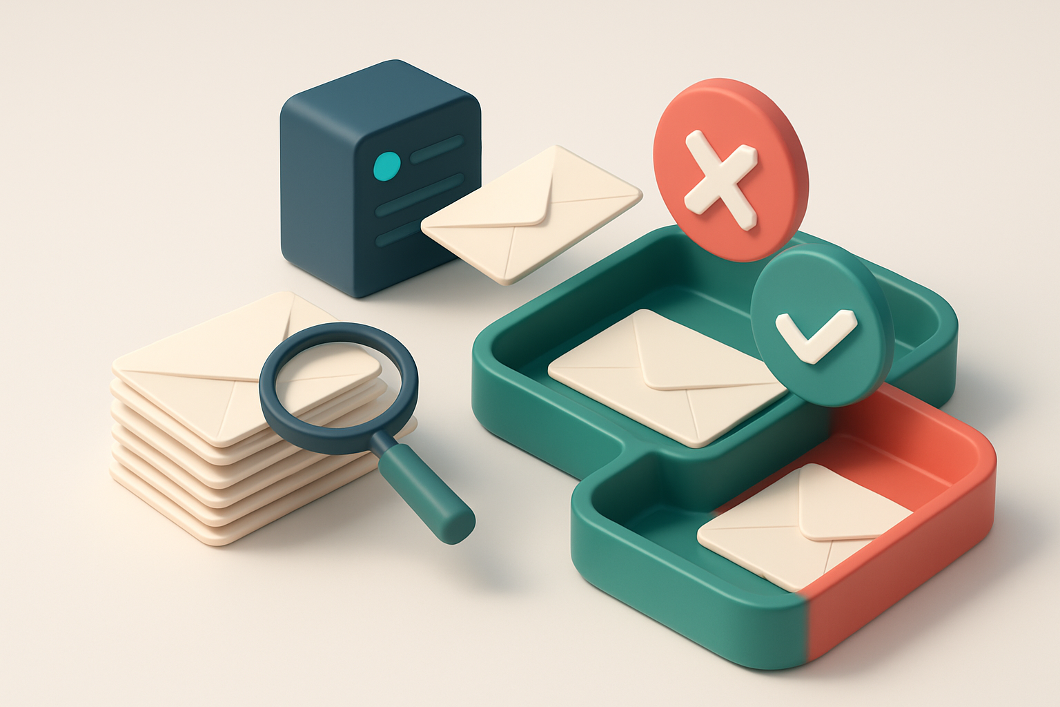 An isometric email inbox with envelopes being sorted onto a green 'valid' tray and a red 'invalid' tray, a magnifying gl