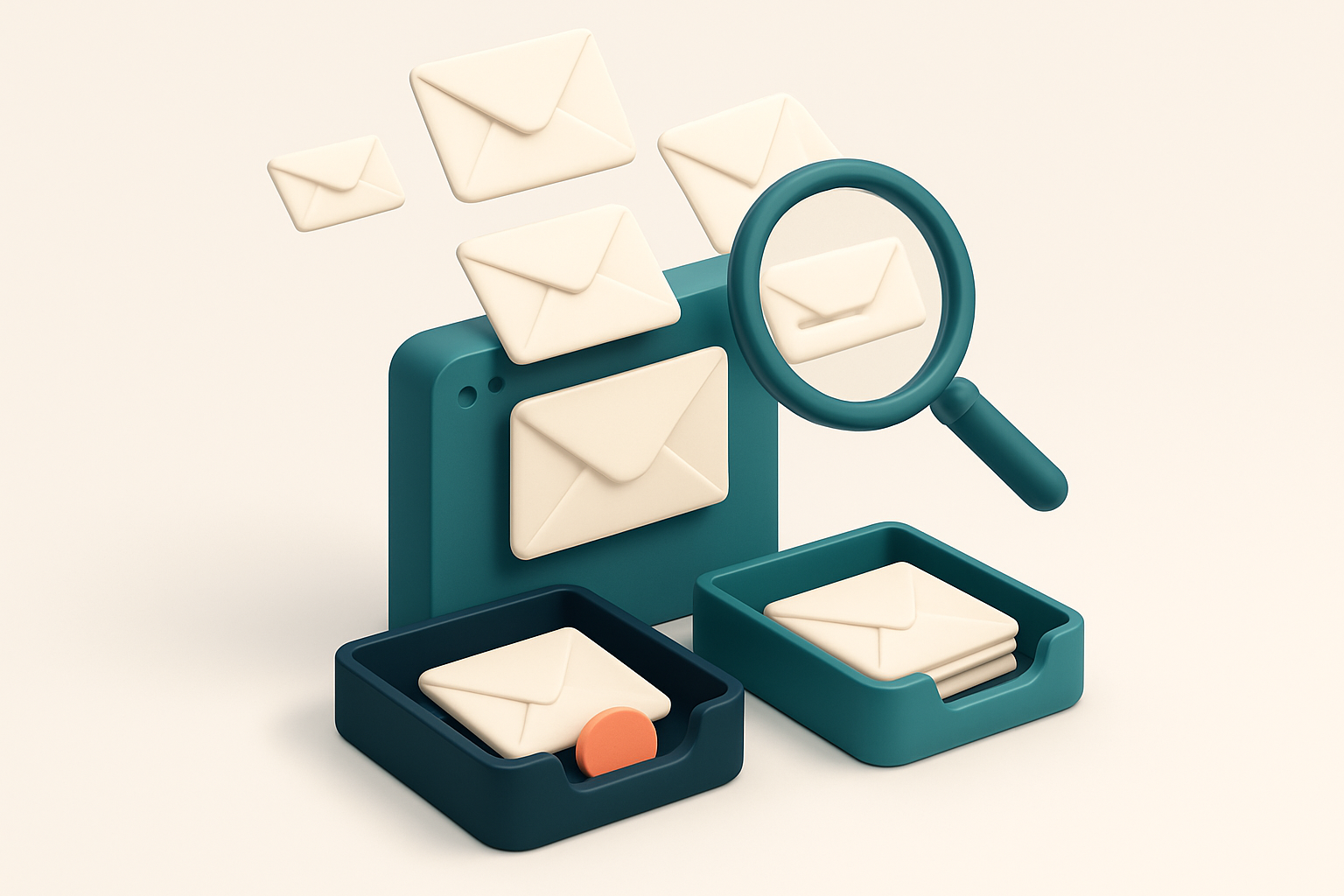 an isometric email inbox with envelopes flying in from the top, some being rejected into a red 'invalid' bin, others cle