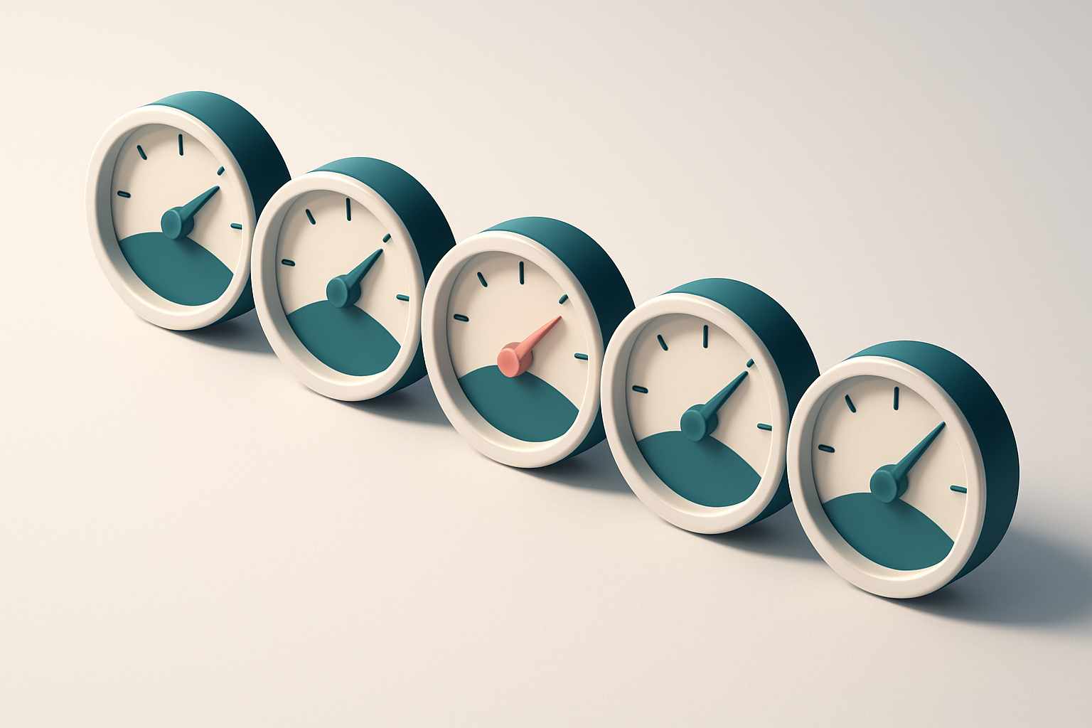 a row of five gauge dials with varying needle positions, one red
