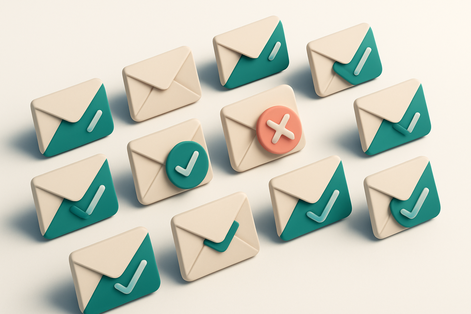 a grid of envelope icons with some marked with red Xs and others with green checkmarks