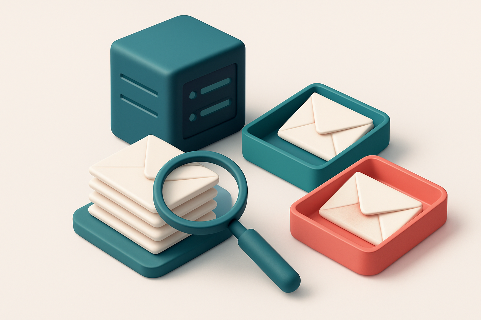 An isometric email inbox with envelopes being sorted onto a green 'valid' tray and a red 'invalid' tray, a magnifying gl