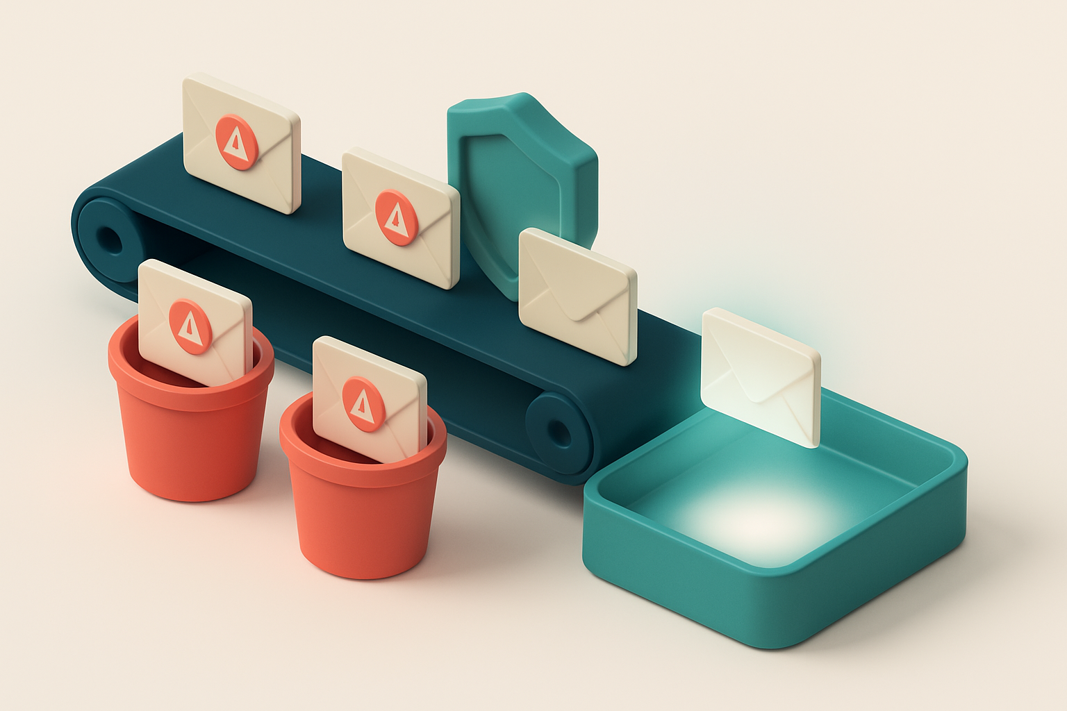 An isometric email inbox with a conveyor belt feeding in envelopes marked 'Invalid', 'Role', 'Disposable', and 'Catch-al