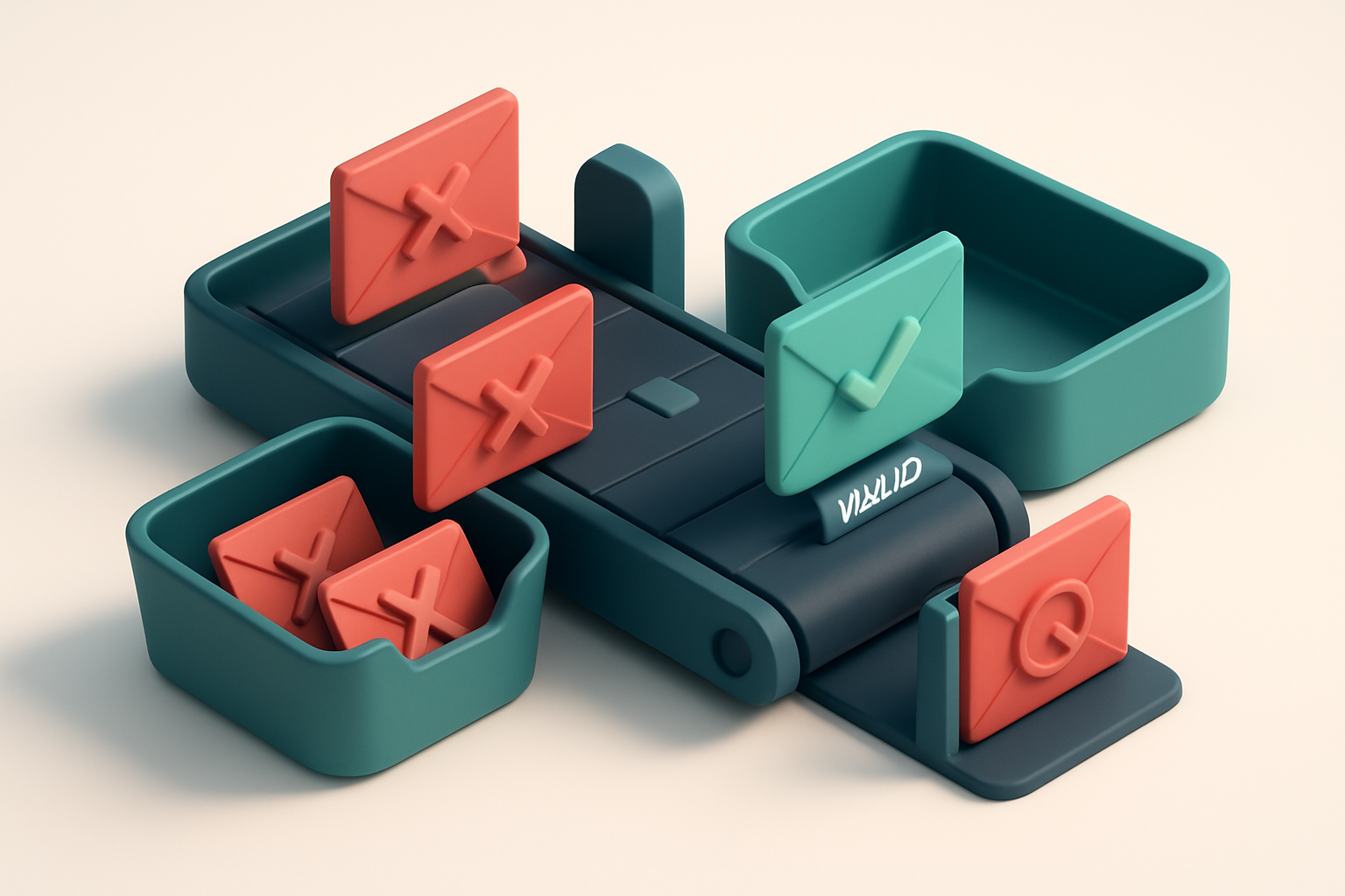 An isometric email inbox with envelopes being sorted by a conveyor belt: red 'invalid' and 'risky' envelopes go to a bin