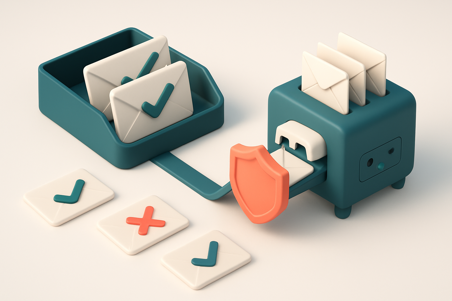 An isometric view of a law office inbox with green checkmarks on valid emails, red Xs on invalid ones, and a red shield