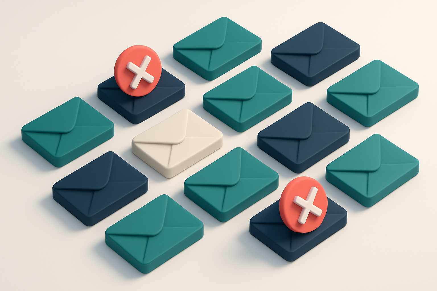 a grid of envelope icons with some showing red ‘X’ marks