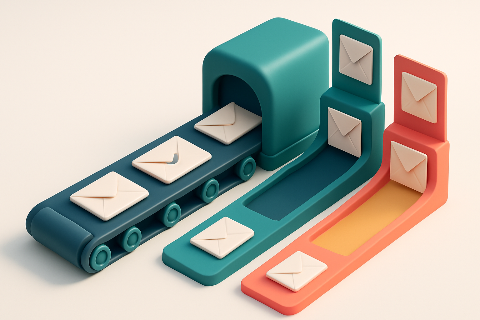 An isometric view of a delivery pipeline with envelopes moving along a conveyor belt, passing through three labeled lane