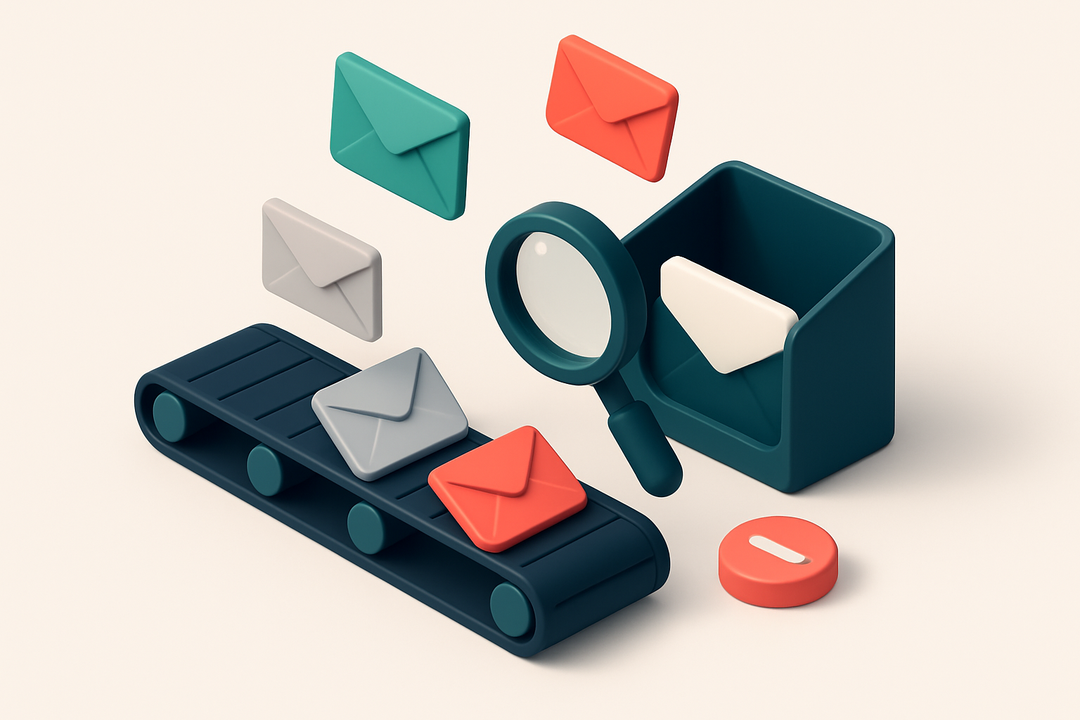 An isometric email inbox with envelopes flying in from the top — some are green (valid), some red (invalid), and others