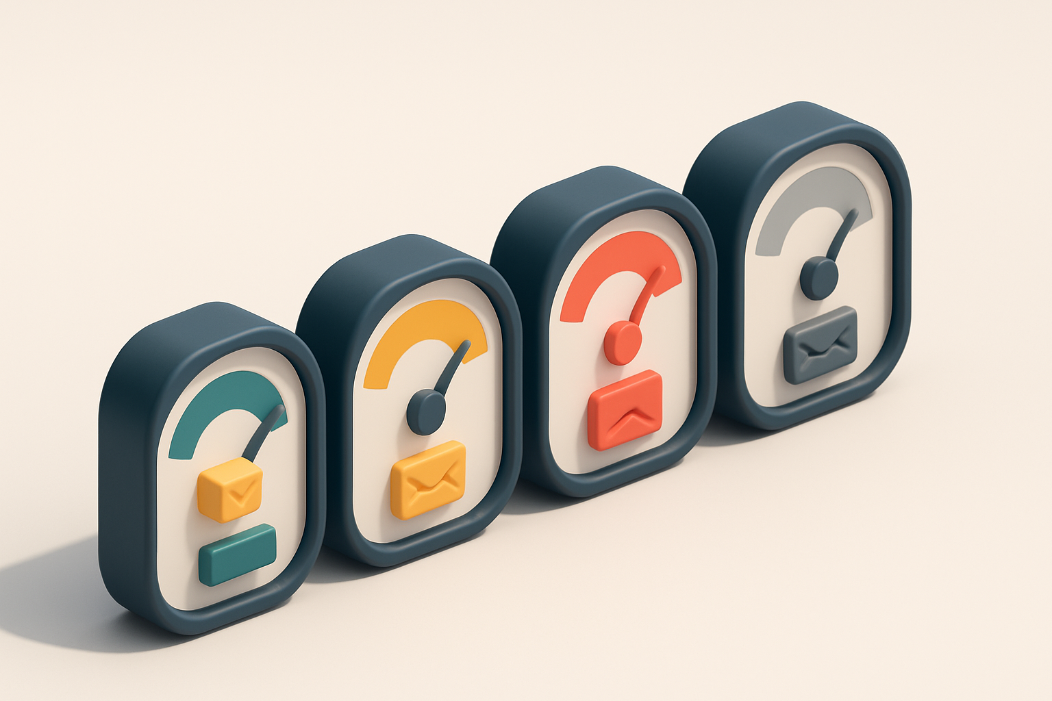 a row of four gauges, each showing different delivery status: green (in box), yellow (spams), red (bounces), grey (risky