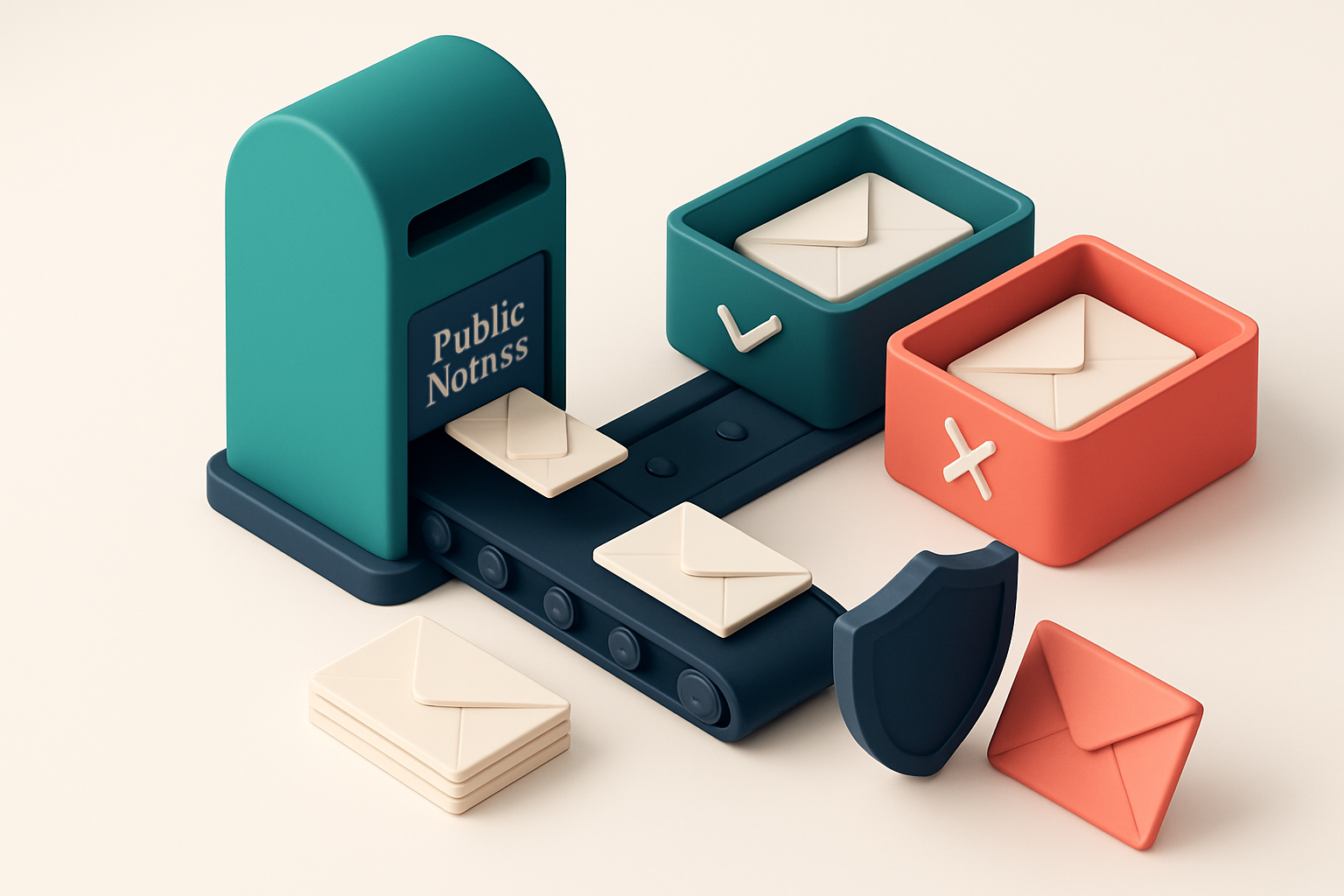 An isometric scene of a government mailbox labeled 'Public Notices' with envelopes being sorted by a conveyor belt into