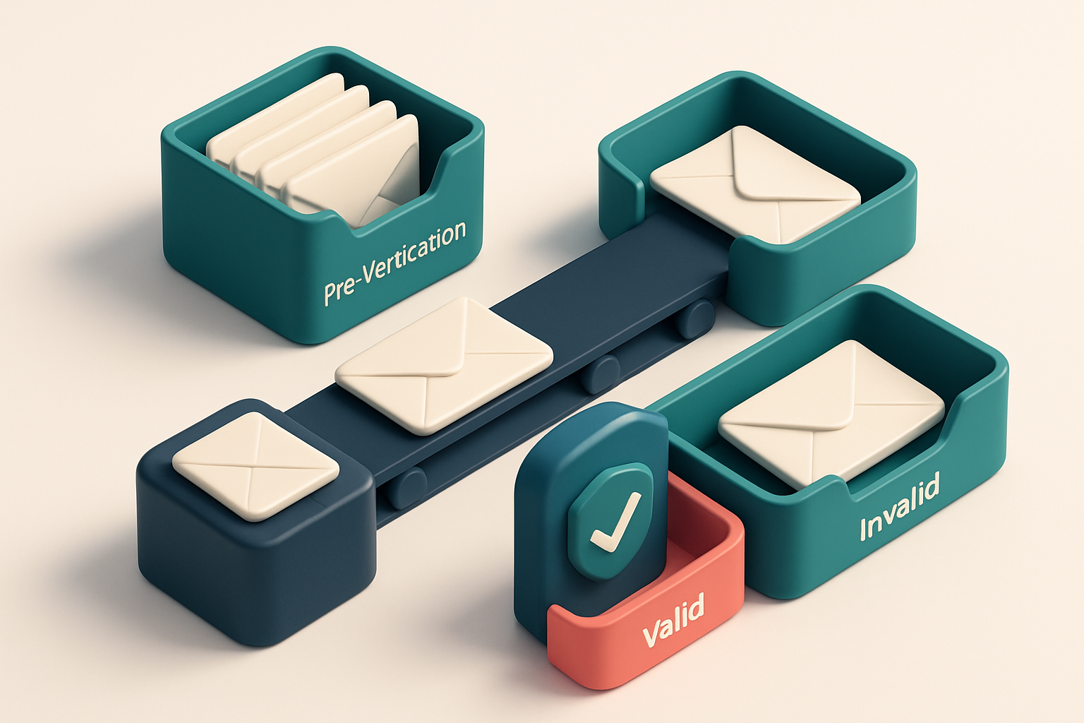 an isometric inbox with envelopes labeled with email addresses being sorted onto a green 'valid' tray and a red 'invalid