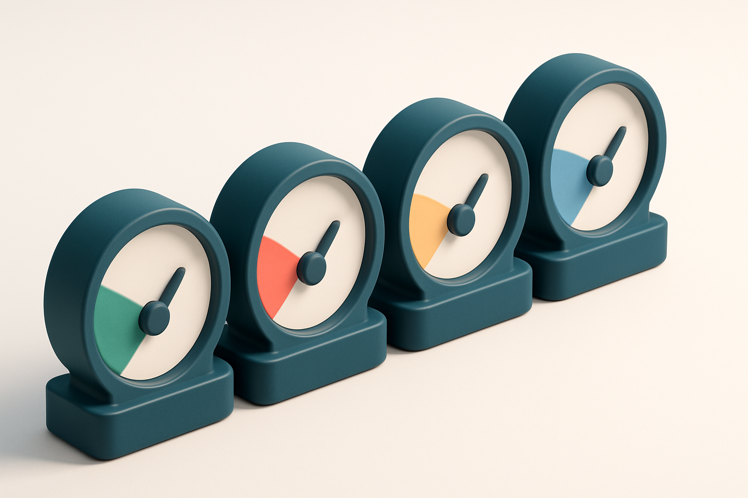 A row of four gauges, each showing a different status: green (valid), red (invalid), yellow (risky), blue (catch-all)