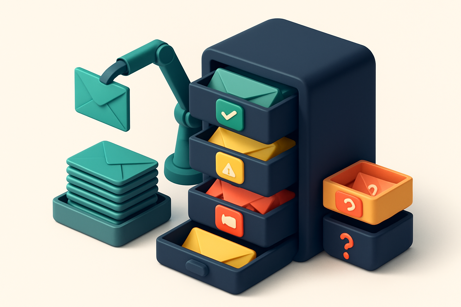 An isometric mail server rack with labeled drawers: one labeled 'Valid' with green envelopes, one labeled 'Risky' with y