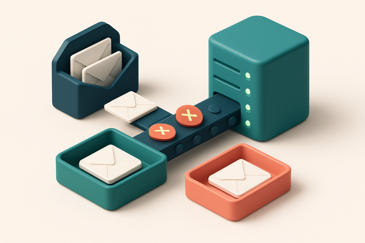 An isometric email inbox with envelopes being sorted onto a green 'valid' tray and a red 'invalid' tray, a server hummin