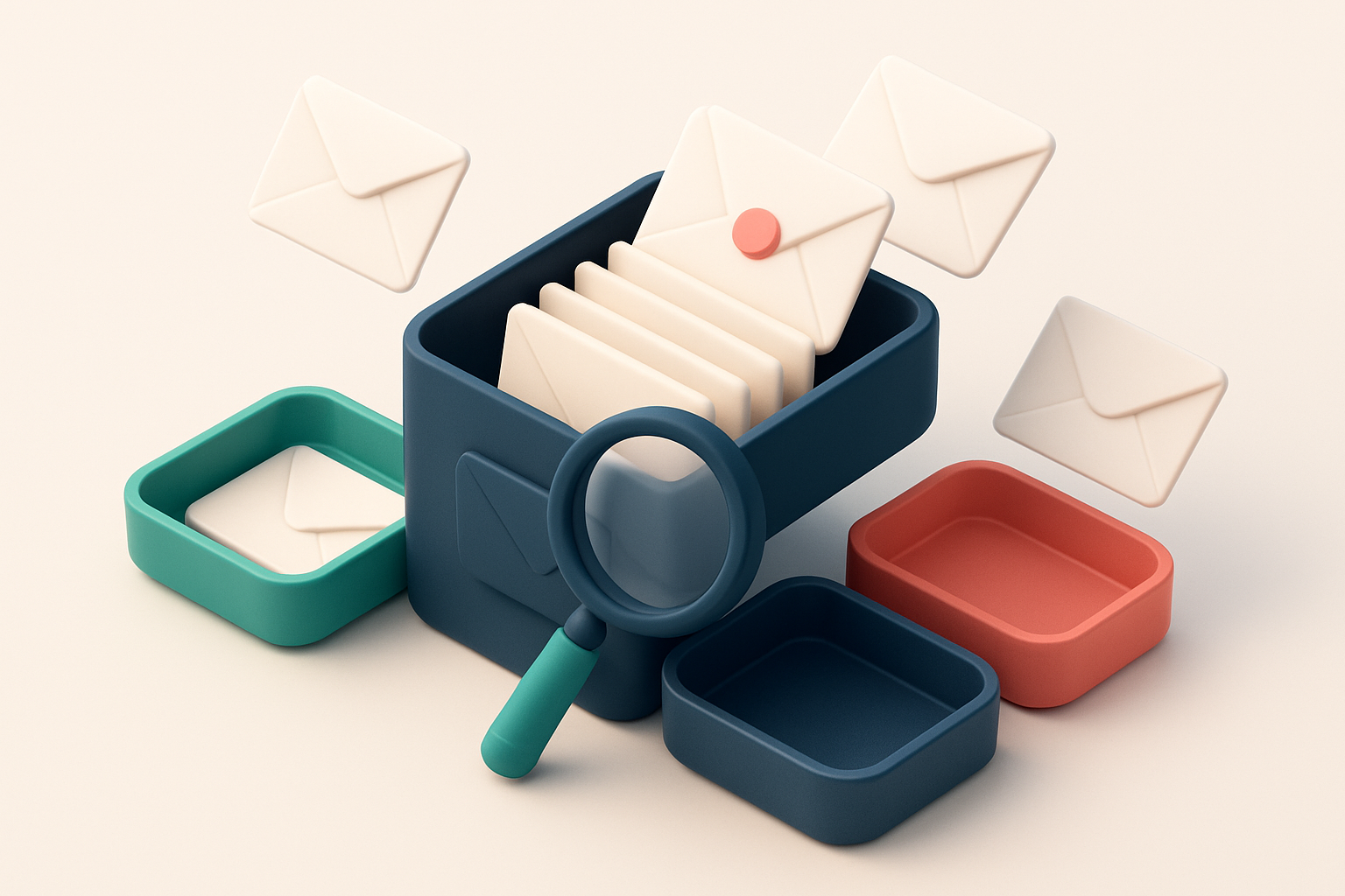 An isometric email inbox with envelopes being sorted into a green 'valid' tray and a red 'invalid' tray, a blue 'catch-a