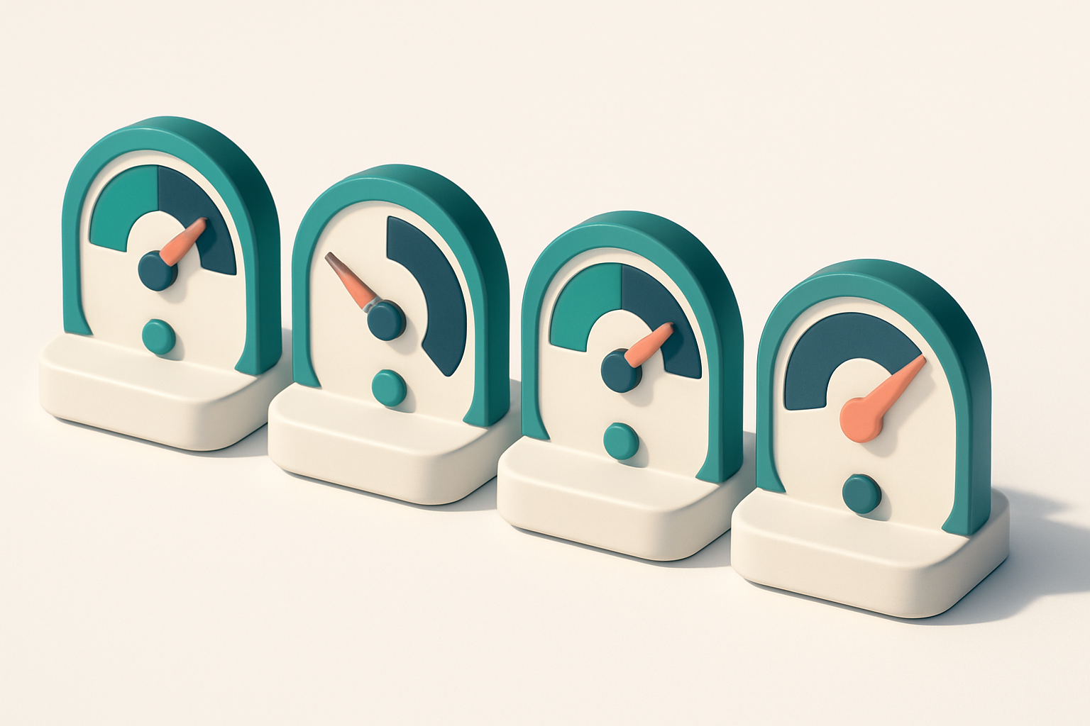 A row of four gauges, each showing different metrics: delivery speed, bounce rate, engagement, and spam score