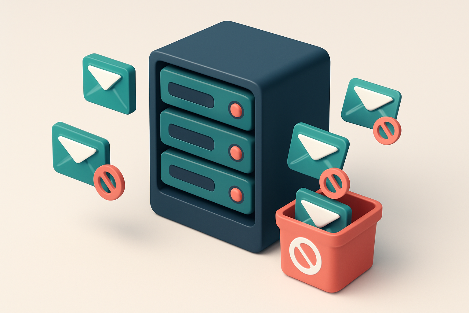 An isometric email server rack with red warning lights blinking on three servers, each labeled with a blacklist name (Sp