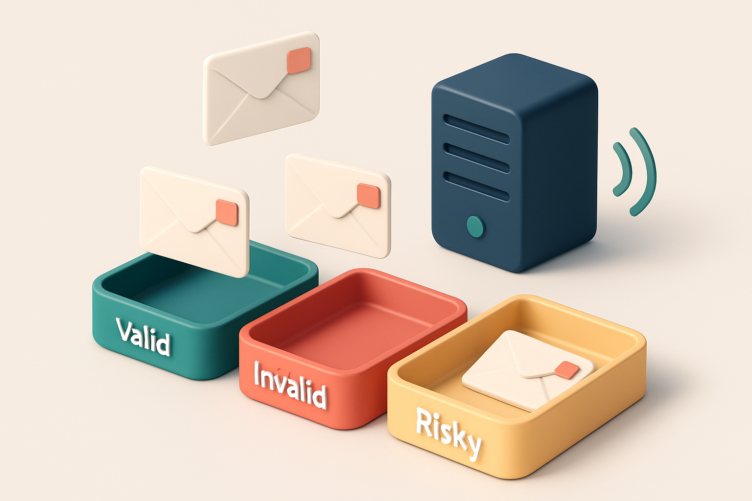 An isometric email inbox with envelopes labeled 'student@university.edu', 'teacher@school.org', and 'admin@edtech.io' be