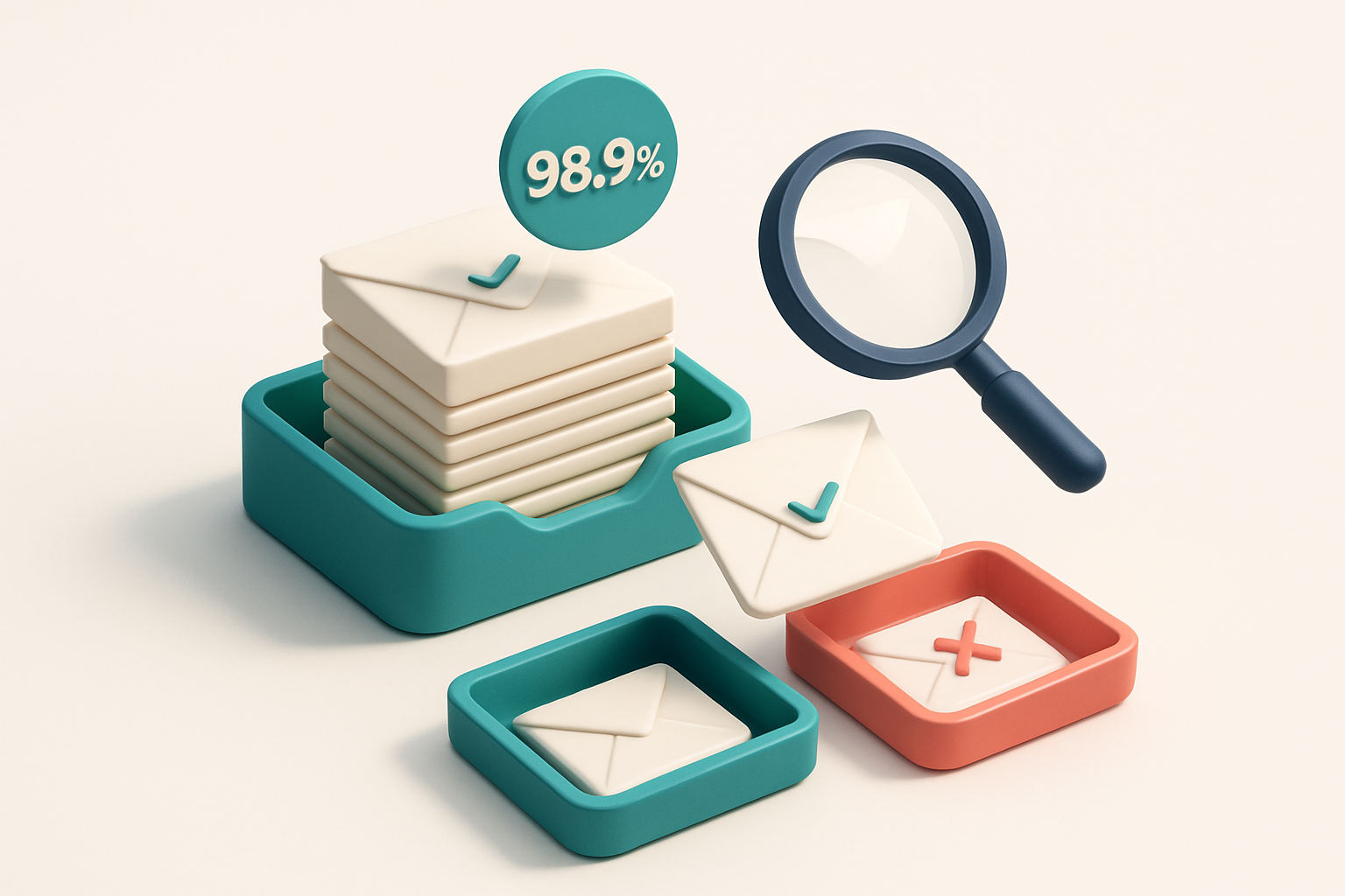 an isometric email inbox with envelopes being sorted onto a green 'valid' tray and a red 'invalid' tray, a magnifying gl