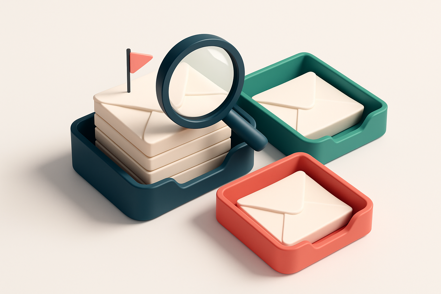 An isometric email inbox with envelopes being sorted onto a green 'valid' tray and a red 'invalid' tray, a magnifying gl