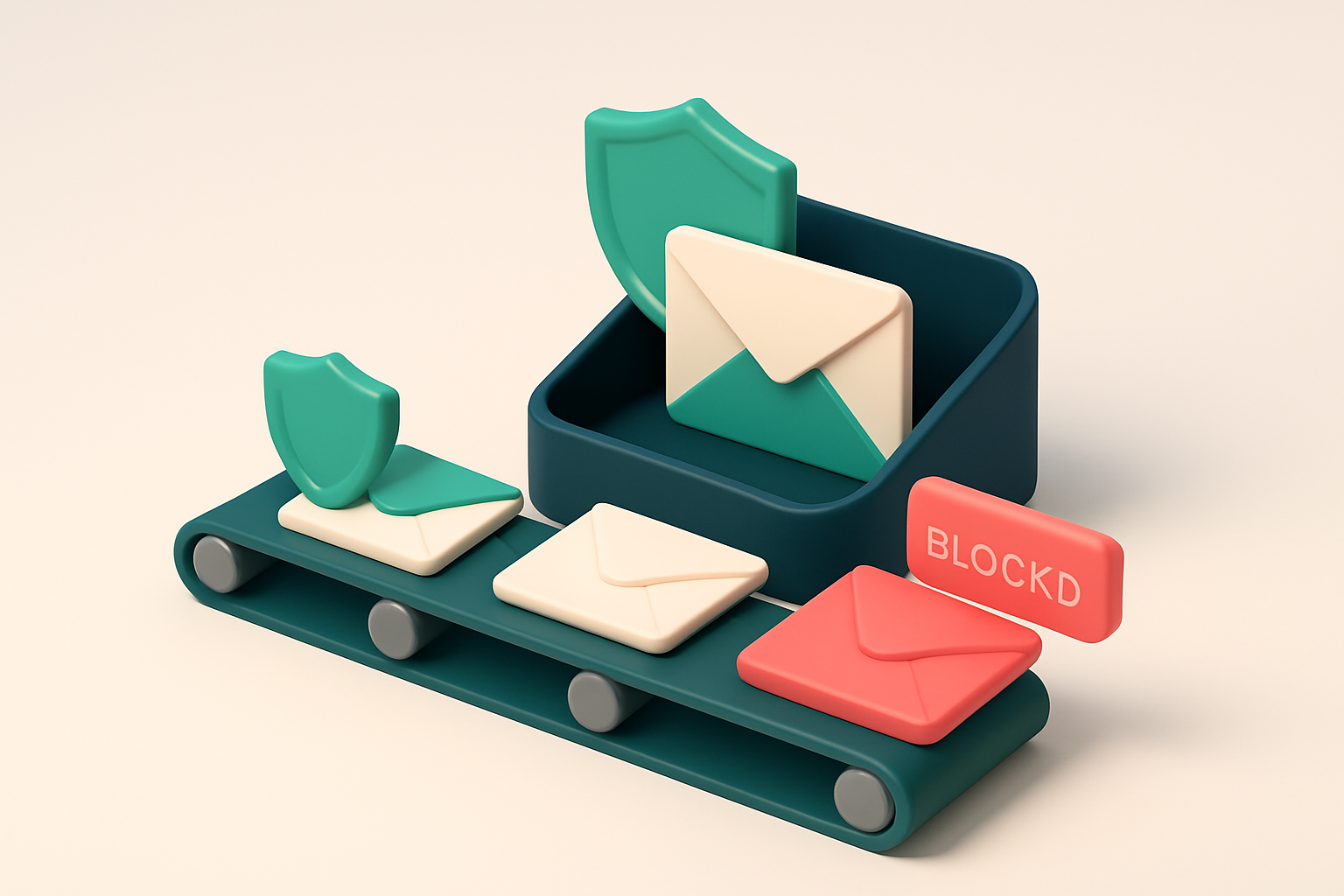 an isometric digital inbox with a conveyor belt delivering envelopes labeled 'valid', 'risky', and 'invalid'; a green sh