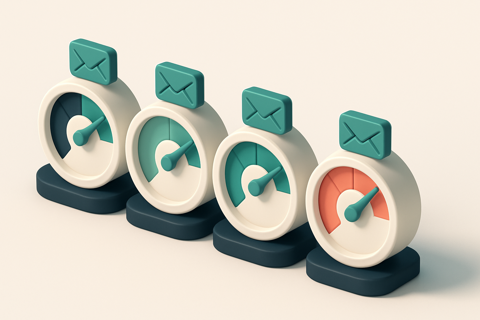 A row of four gauges, each showing a different level of email validation confidence