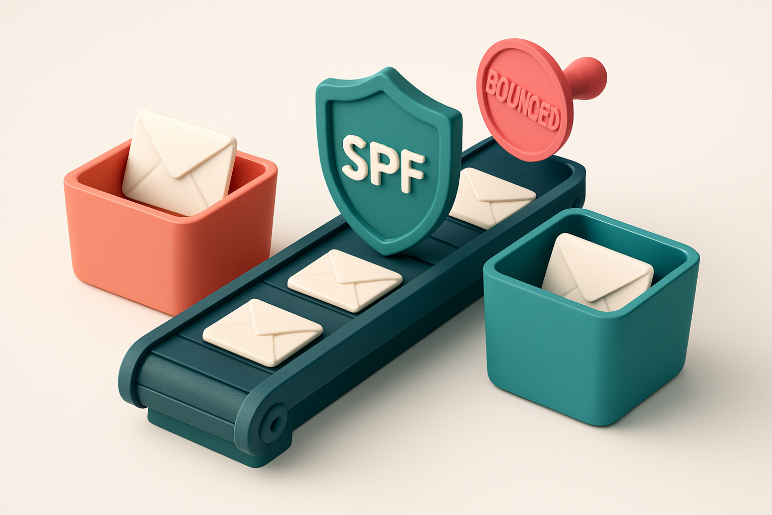 An isometric illustration of a conveyor belt moving email envelopes from a red 'invalid' bin to a green 'valid' bin, wit