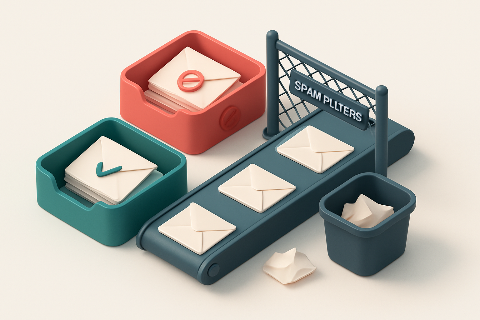 An isometric email delivery system: a green 'inbox' tray stacked with envelopes marked 'Valid' and 'Delivered' next to a