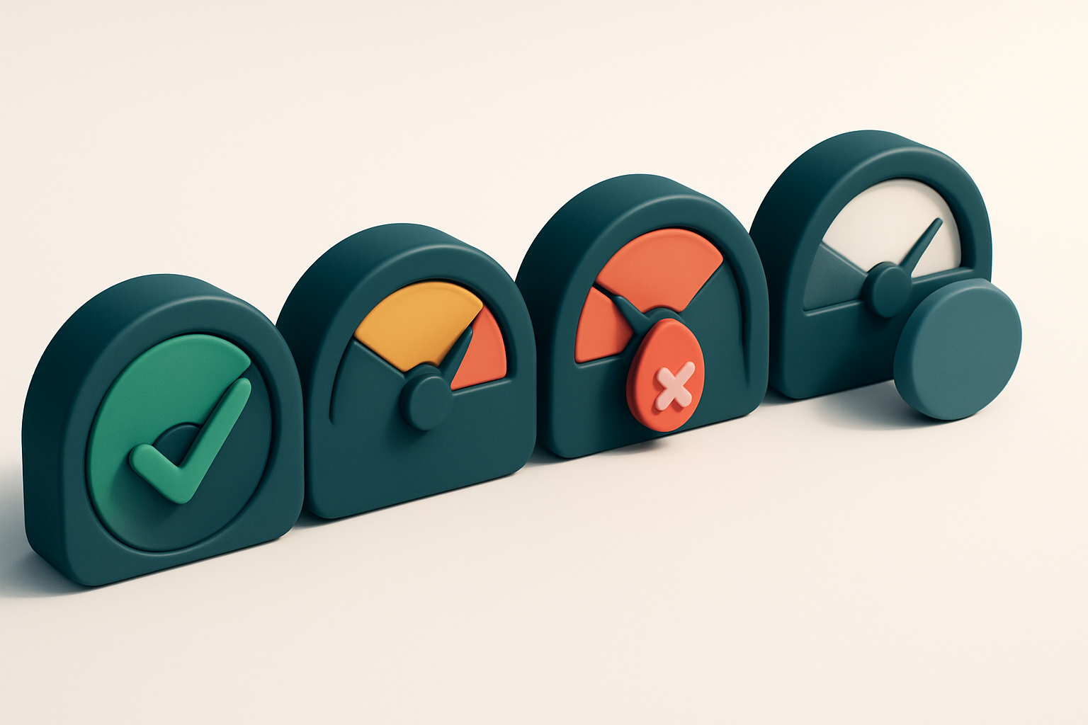 a row of four gauges showing validation status (green, yellow, red, grey)