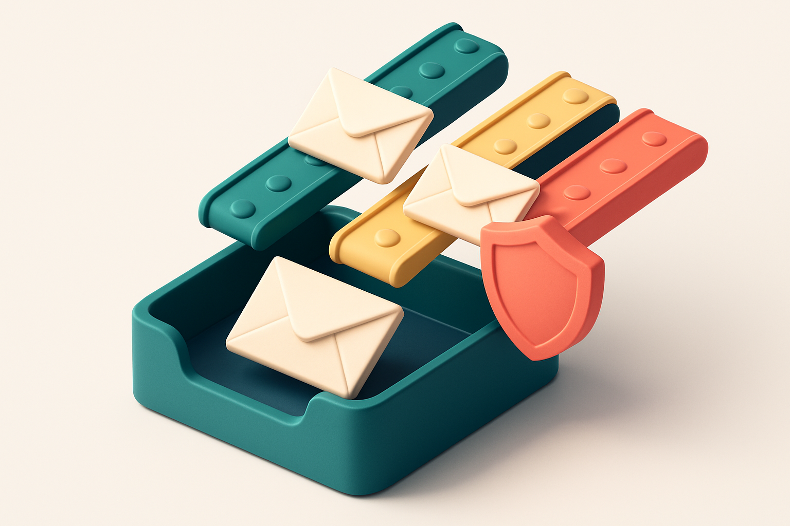 An isometric inbox with incoming envelopes labeled 'valid', 'catch-all', and 'invalid', stacked on separate conveyor bel