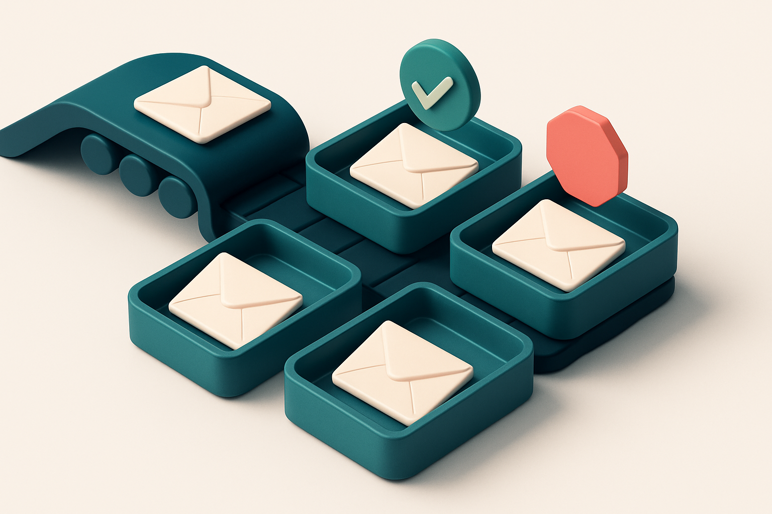 an isometric email inbox with envelopes labeled 'valid’, 'invalid’, ‘catch-all’, and ‘role’ being sorted into separate t