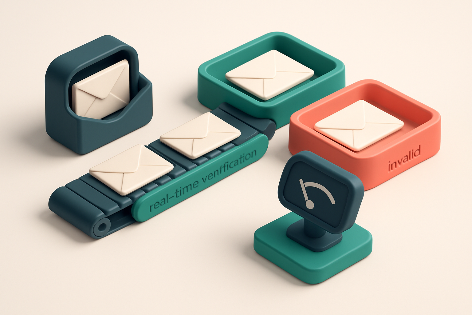 An isometric email inbox with envelopes being sorted onto a green 'valid' tray and a red 'invalid' tray, a conveyor belt