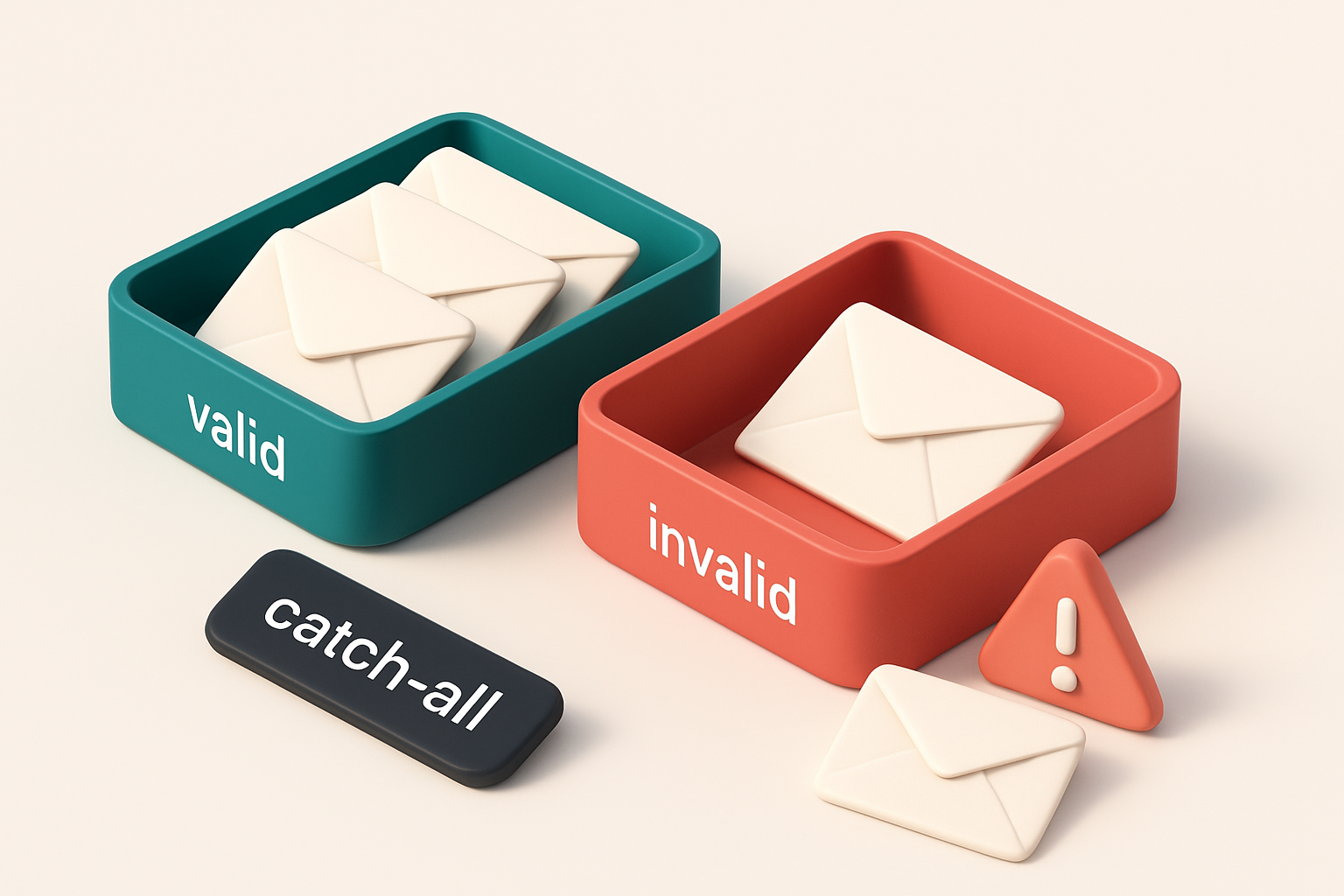 An isometric email inbox with envelopes sorted into two trays: a green 'valid' tray and a red 'invalid' tray, a black 'c