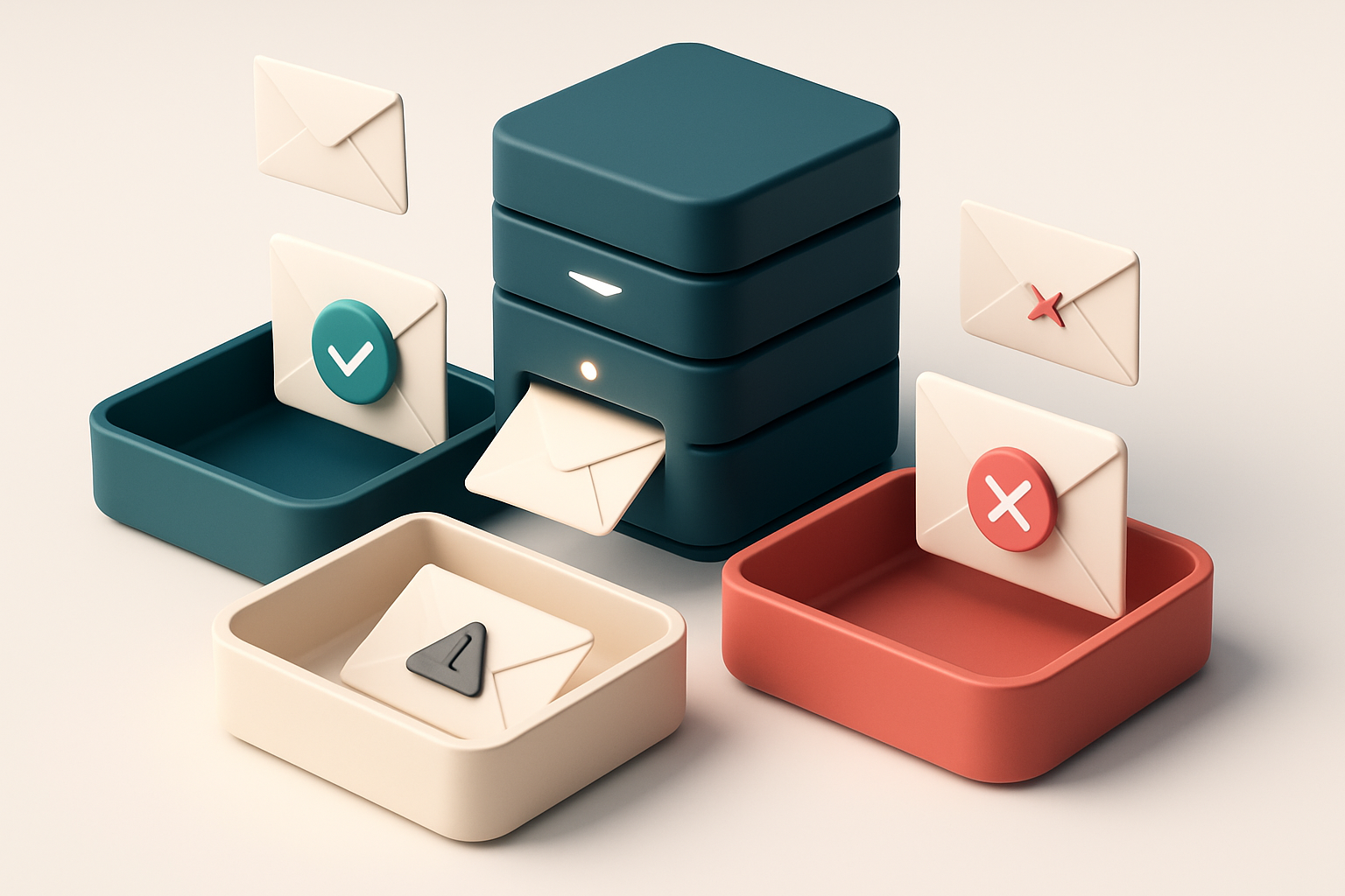 an isometric desk setup with a green 'valid' tray, a red 'invalid' tray, and a neutral 'risky' tray; a server stack emit
