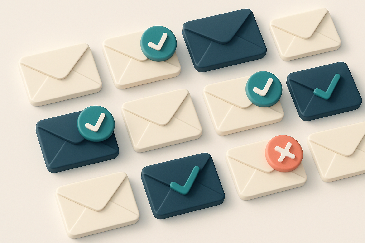 a grid of envelope icons, each with a checkmark or red X