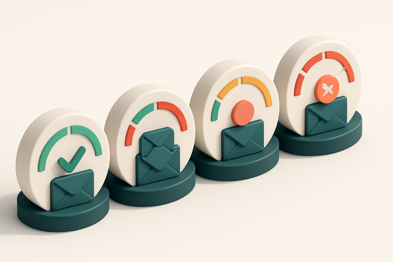 a row of four gauges showing email validation status (green, red, yellow, red)