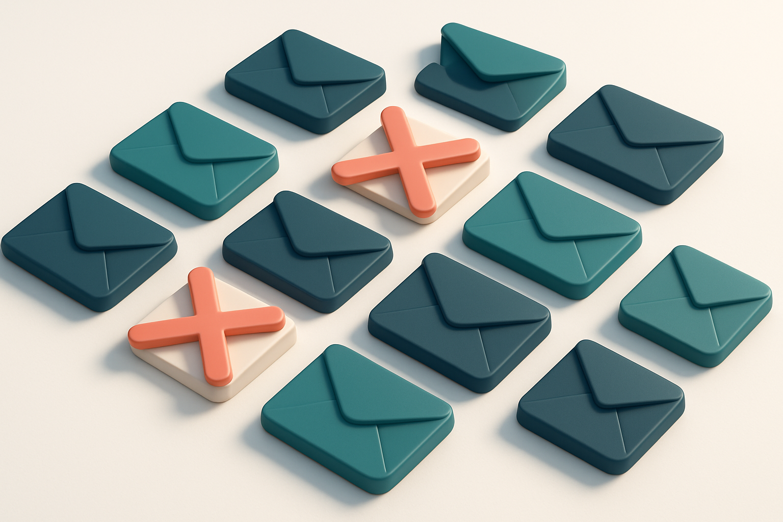 a grid of envelope icons, with some crossed out by red X marks