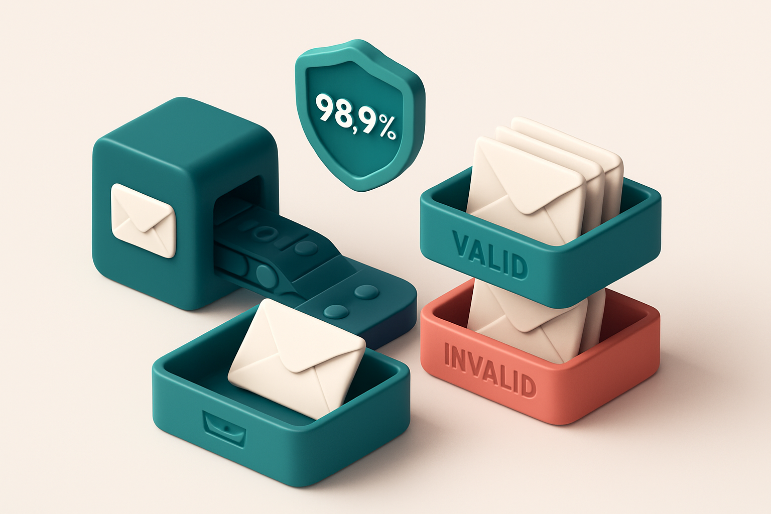 An isometric email inbox with envelopes being sorted onto a green 'valid' tray and a red 'invalid' tray, a conveyor belt
