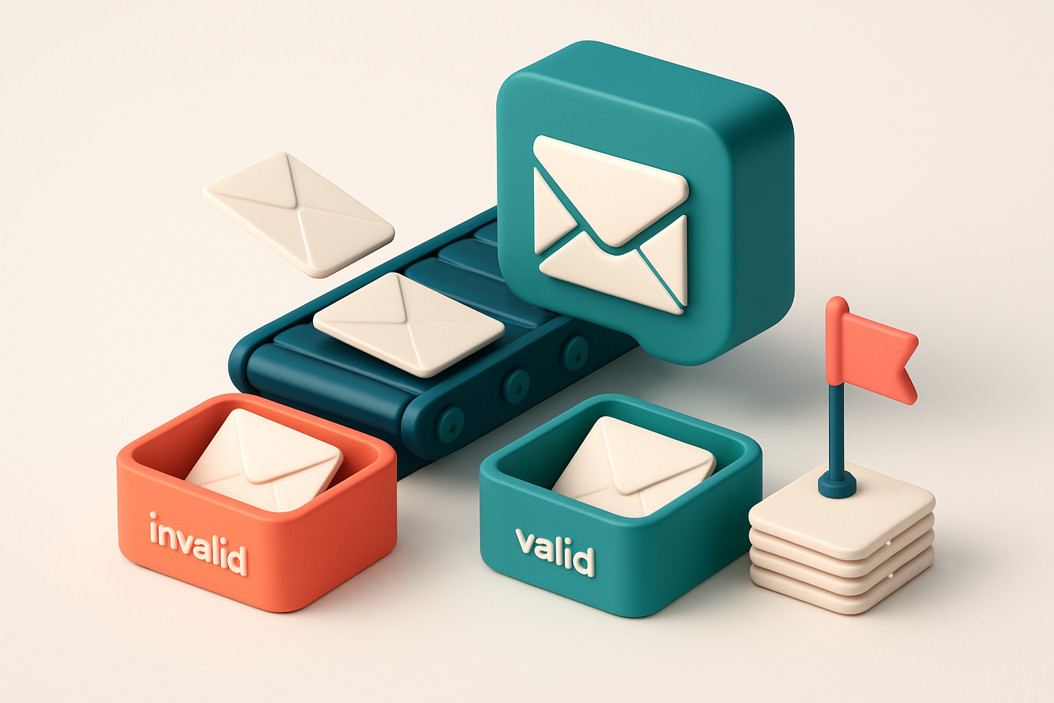 An isometric email inbox with a conveyor belt feeding in envelopes labeled with various email addresses; some fall into