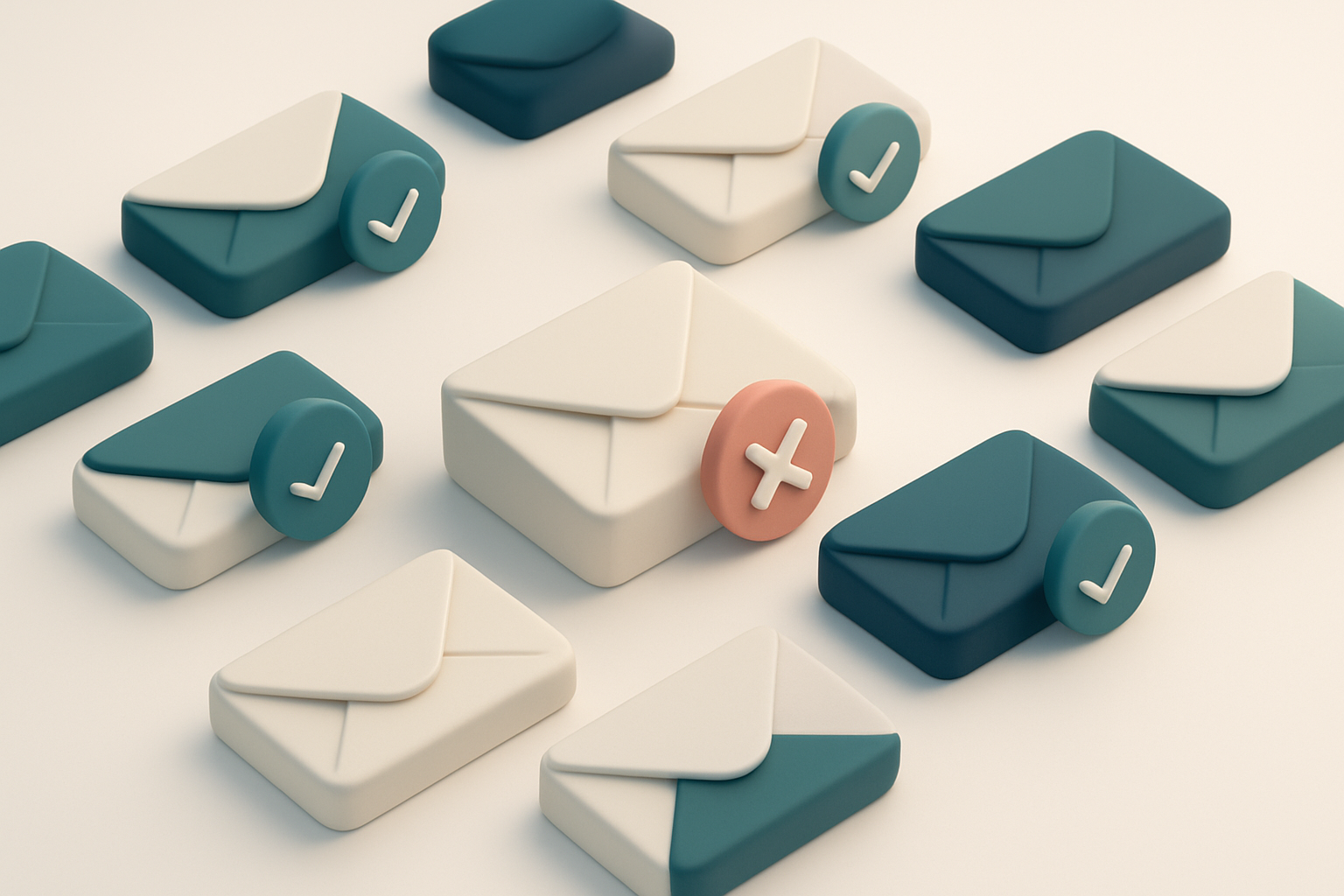a grid of envelope icons with checkmarks and red Xs
