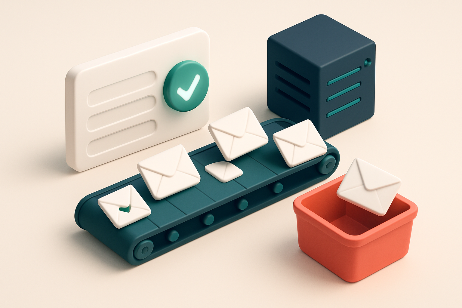 An isometric dashboard showing a signup form with a glowing green 'Verified' checkmark, a conveyor belt carrying envelop