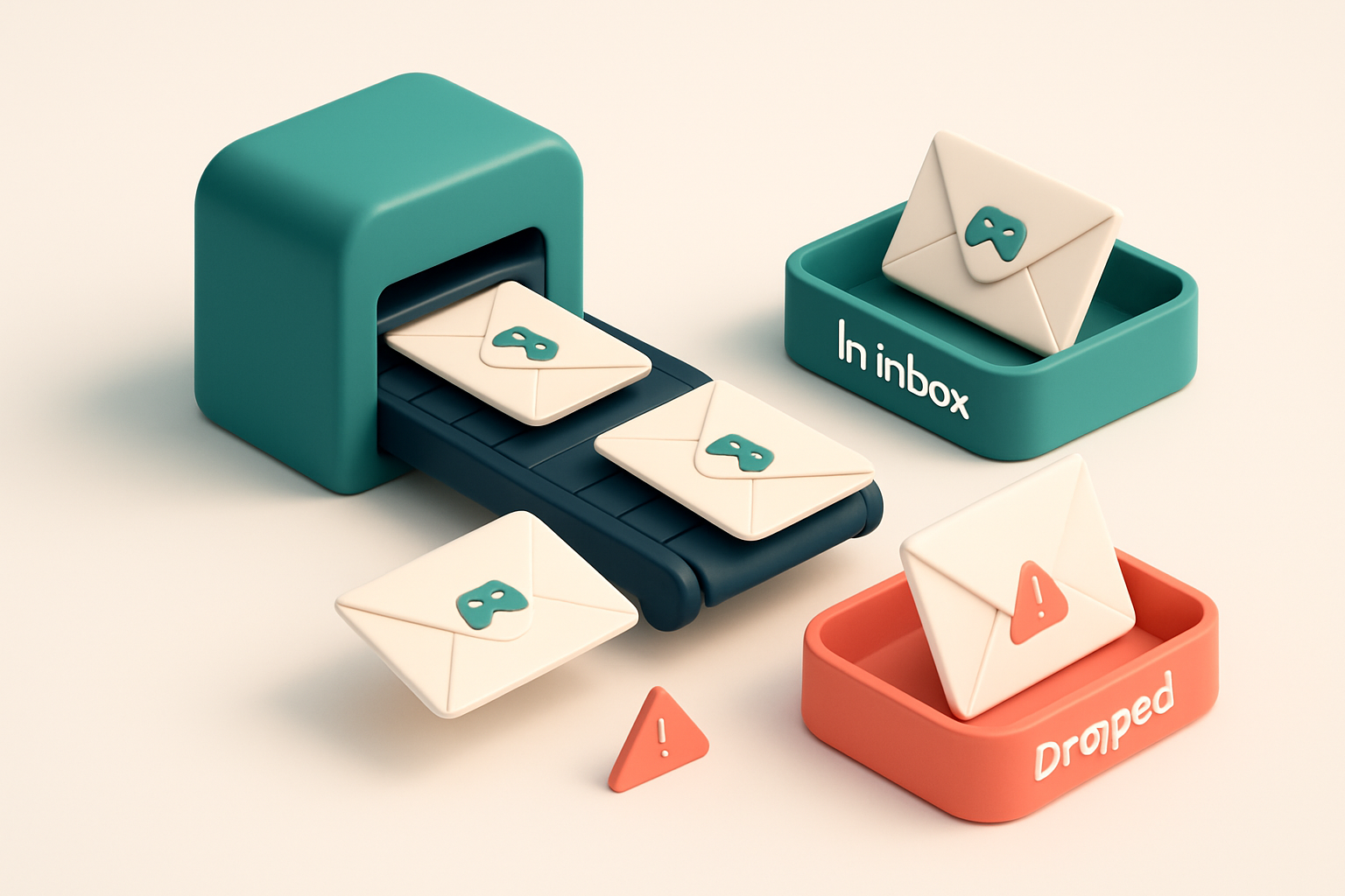 An isometric email inbox with a conveyor belt delivering envelopes labeled with game player email addresses; valid ones