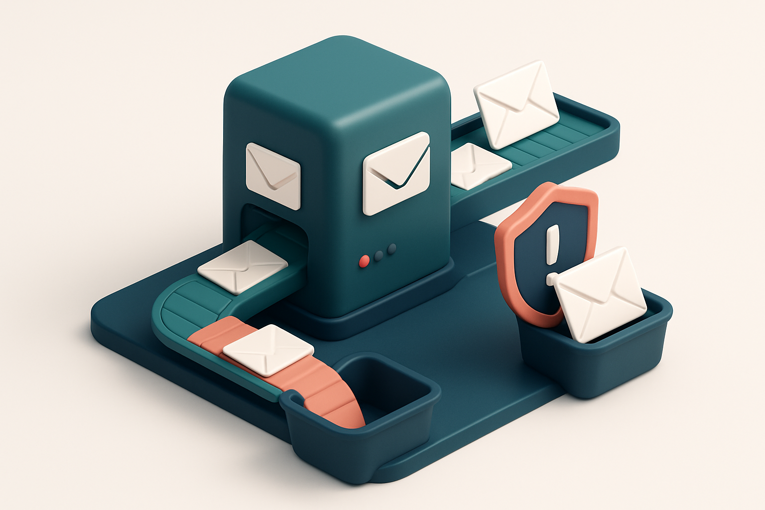 an isometric email server room with a green conveyor belt sending envelopes into a 'Valid' inbox tray, a red belt carryi