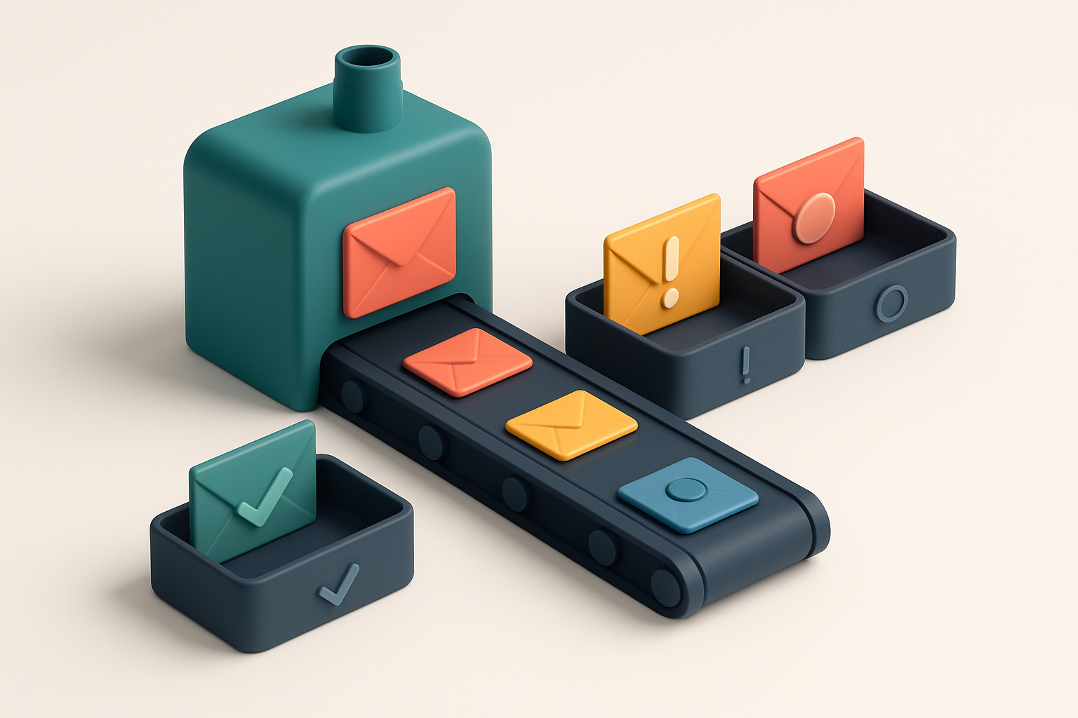 An isometric view of a financial inbox with a conveyor belt carrying colored envelopes: green for 'valid', red for 'inva