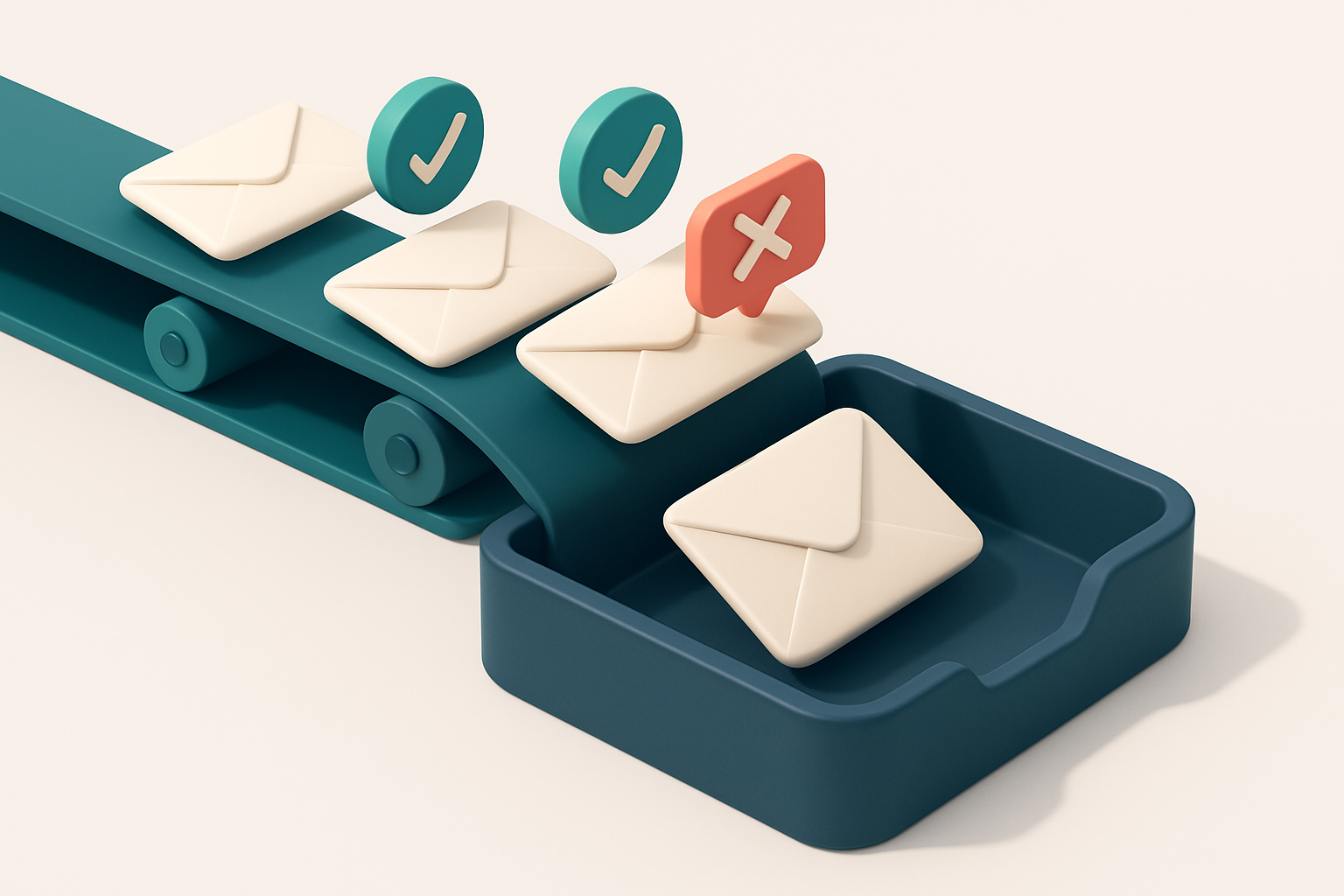 An isometric email inbox receiving envelopes from a conveyor belt labeled 'list', with green checkmarks on valid emails,