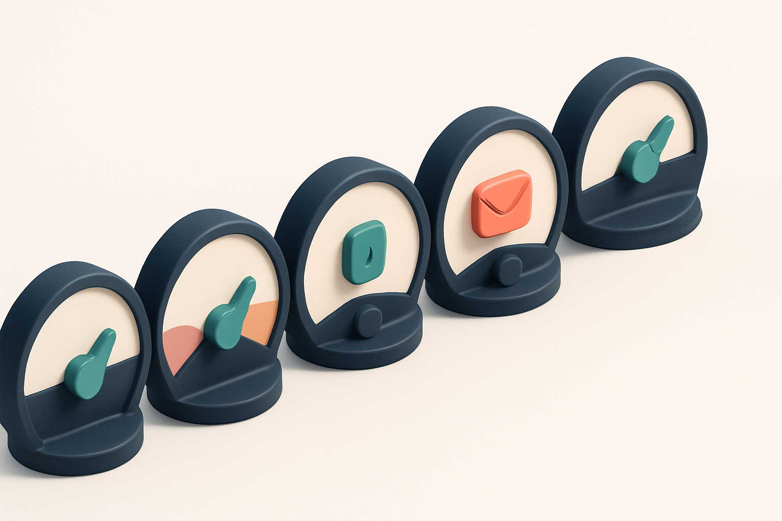 a row of five gauges, each showing a different validation status (valid, invalid, risky, catch-all, delivered)