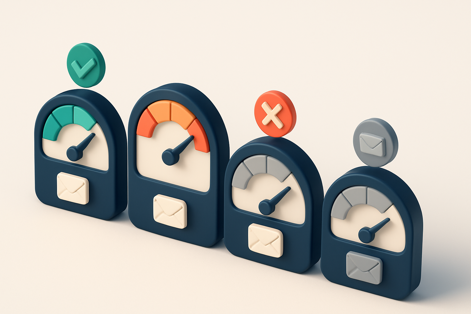 A row of four gauges showing varying levels of email verification status (green, yellow, red, gray)