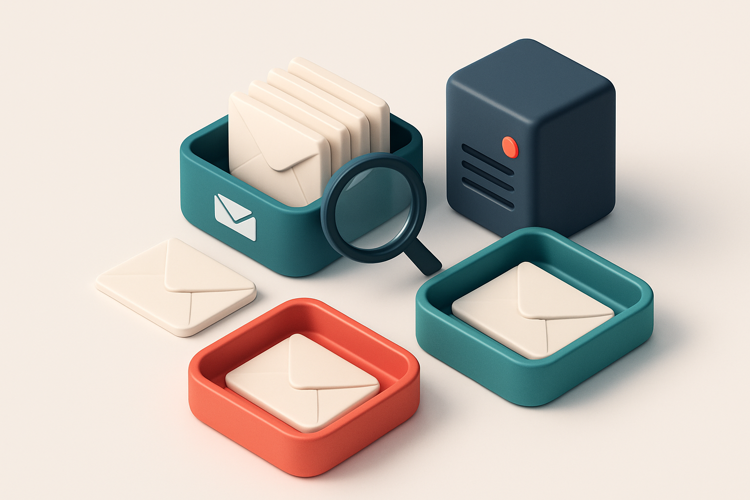 An isometric inbox with envelopes being sorted onto a green 'valid' tray and a red 'invalid' tray, a magnifying glass sc