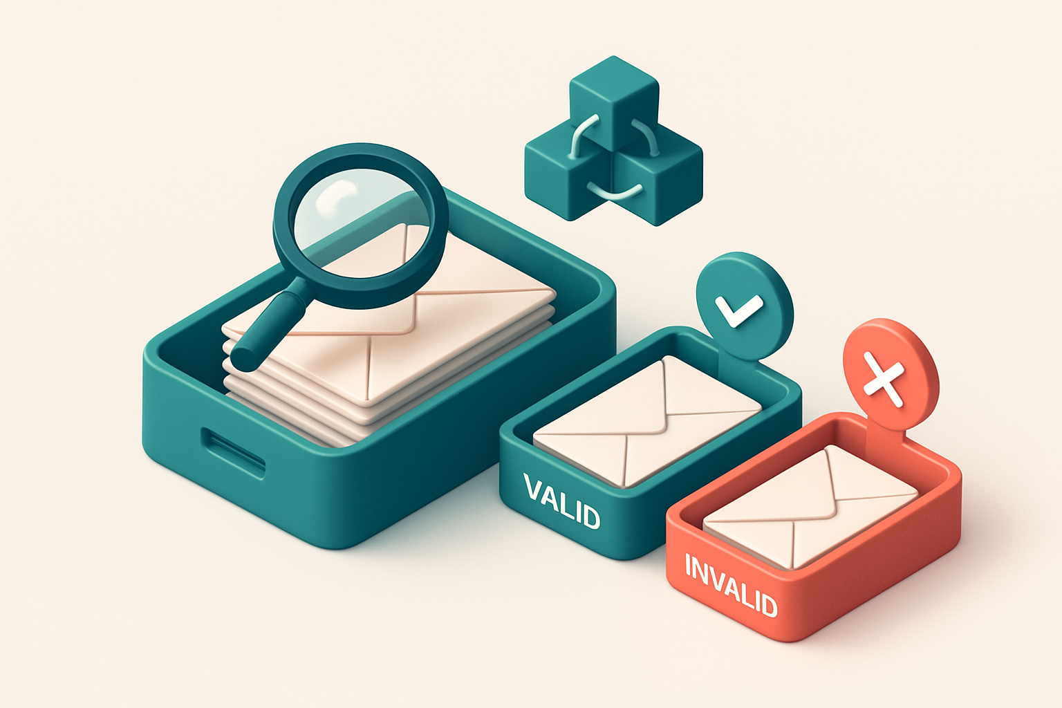 an isometric email inbox with envelopes being sorted onto a green 'valid' tray and a red 'invalid' tray, a magnifying gl